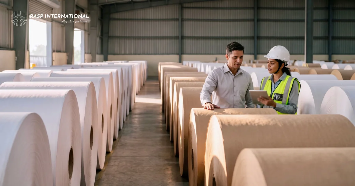 Importer and a warehouse supervisor checking jumbo paper reels unloaded from a container at an Indian port warehouse