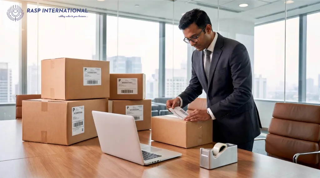 Exporter labelling small parcels beside a laptop on a packing desk