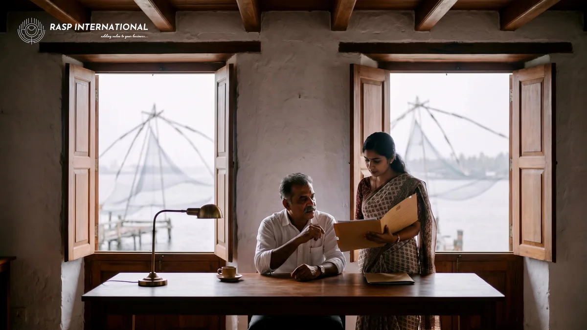 Seafood exporter and his documentation executive going through shipment papers in their Fort Kochi office