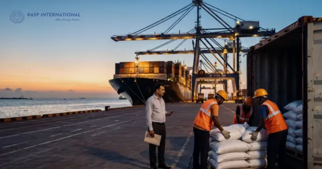 Workers loading rice bags into a container at an Indian port as the exporter checks a shipment for a Gulf buyer