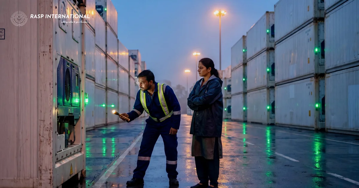 Reefer technician and an exporter checking a refrigerated container at an Indian port yard after rain