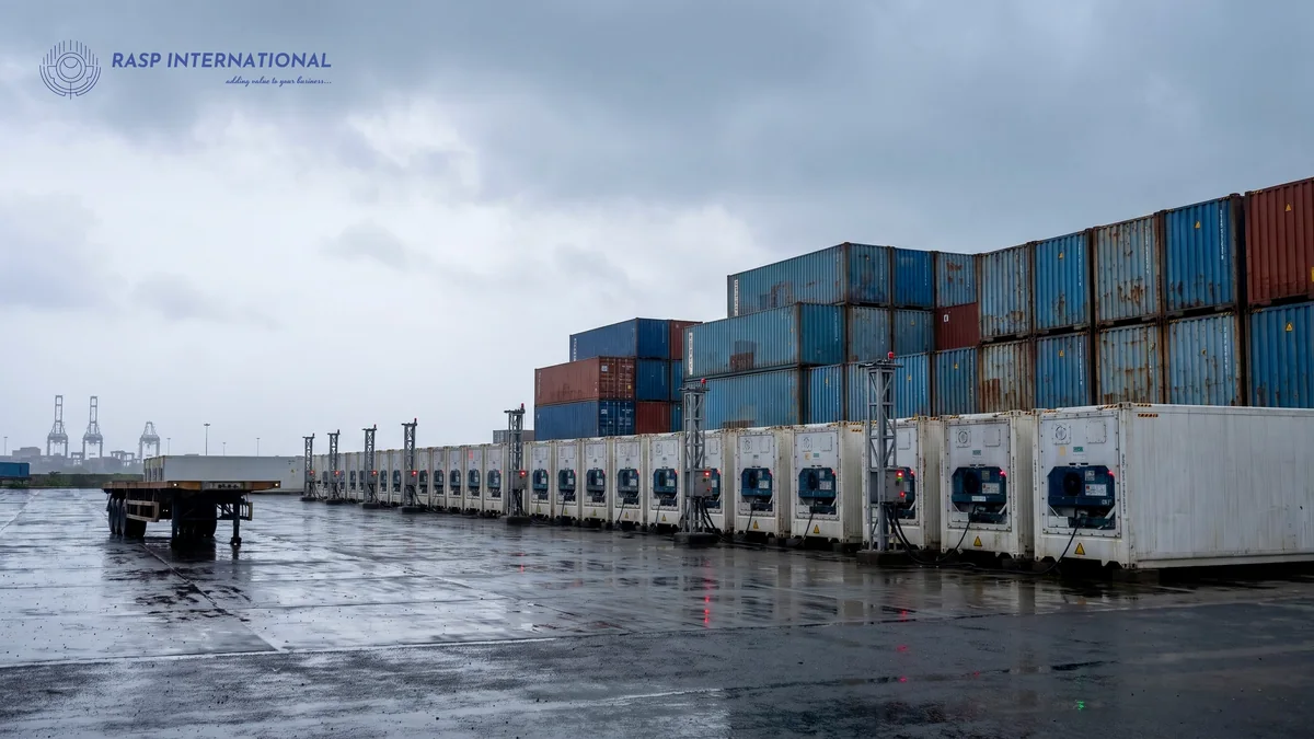 Rows of refrigerated containers plugged in at a rain soaked Indian port yard