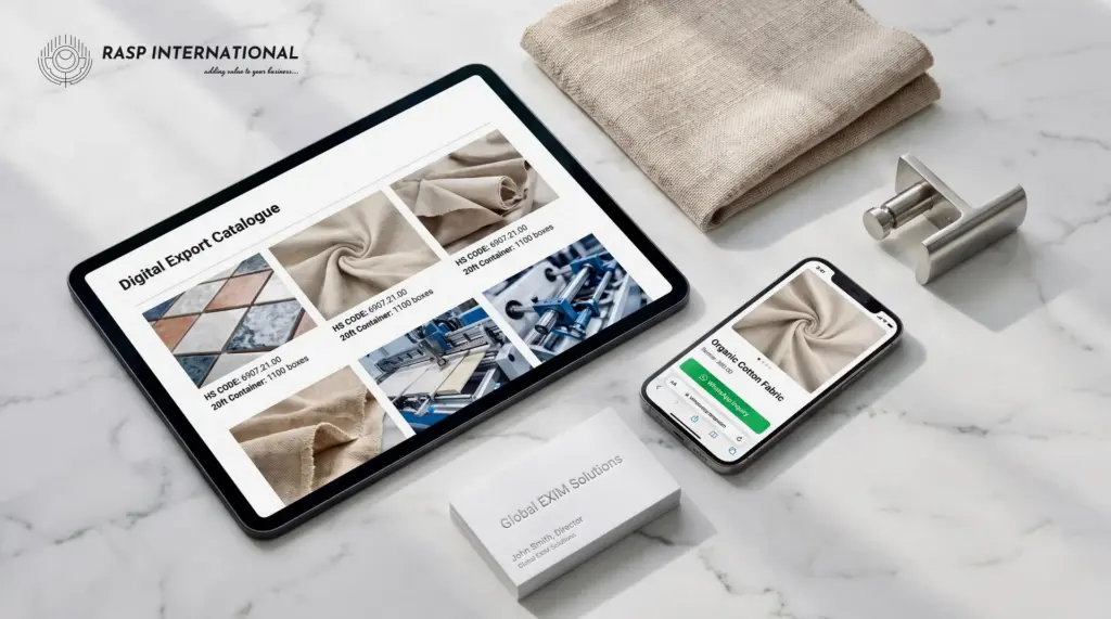 Tablet and smartphone displaying responsive digital export catalogue with HS codes and B2B quote buttons