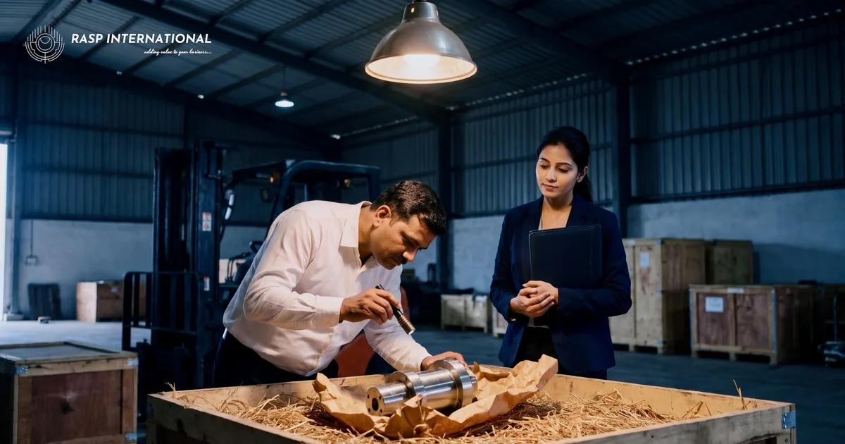 Customs examiner checking an opened crate with the importer's representative in an Indian examination shed