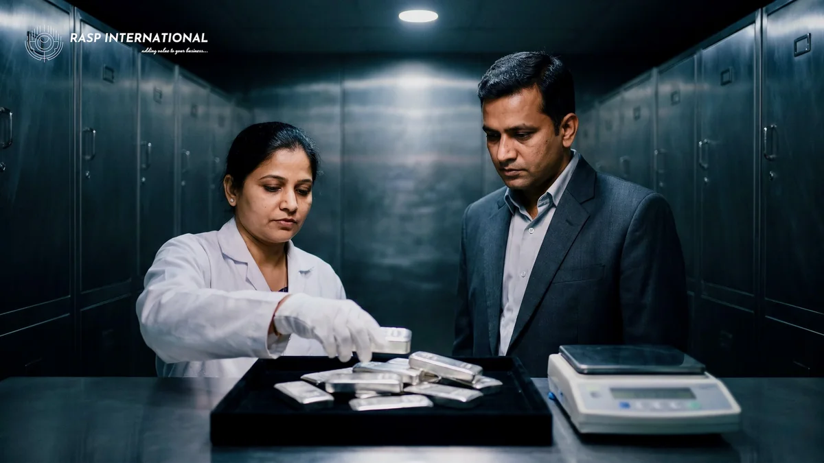Assayer weighing a plain silver bar as the import manager watches in a secure bullion vault in India