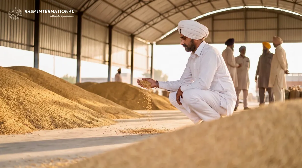Exporter letting grain fall from his hand to check quality in a storage shed with large grain heaps