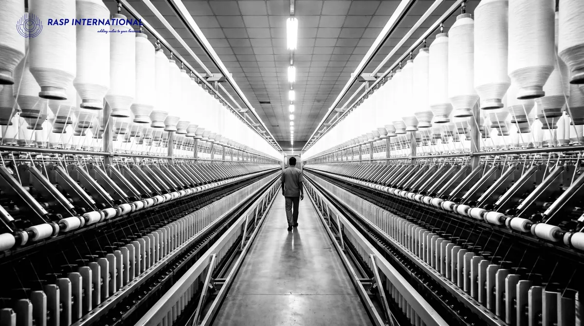 Worker walking down an aisle of cotton yarn spinning machines in a textile mill