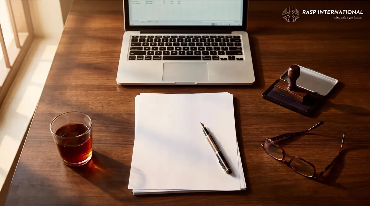 Desk with blank papers, a fountain pen, a rubber stamp and a laptop