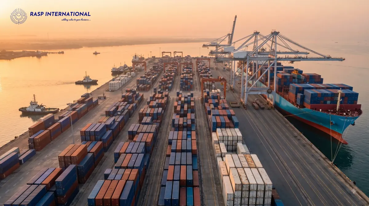Container terminal at sunrise with cranes loading a cargo ship for export from India