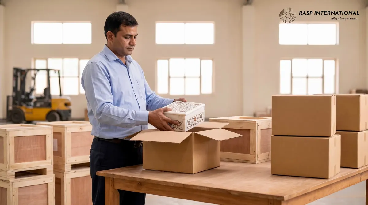 Exporter packing a marble inlay box into a carton in a warehouse