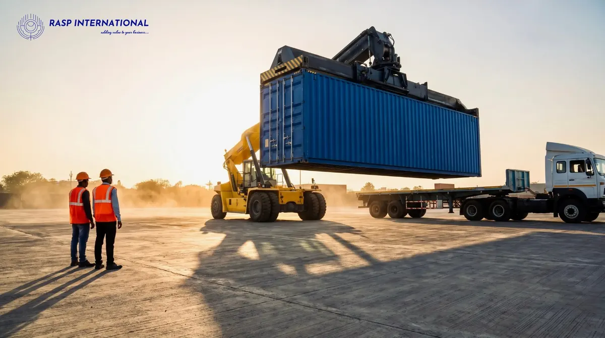 Reach stacker lifting a blue container onto a truck trailer at a container yard