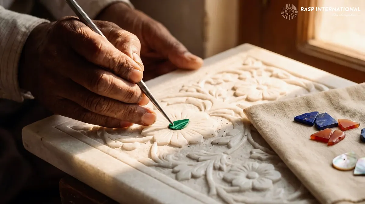 Artisan setting a coloured stone into a carved white marble panel