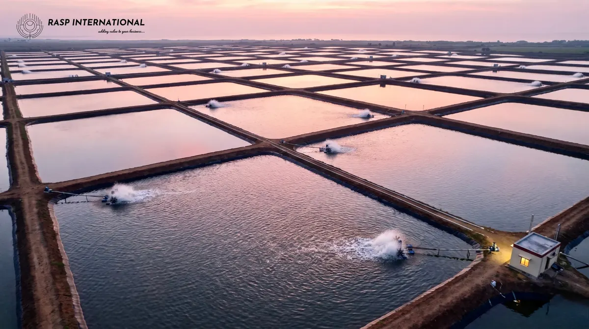 Aerial view of aquaculture ponds with paddle wheel aerators at dusk, typical of shrimp farming for export