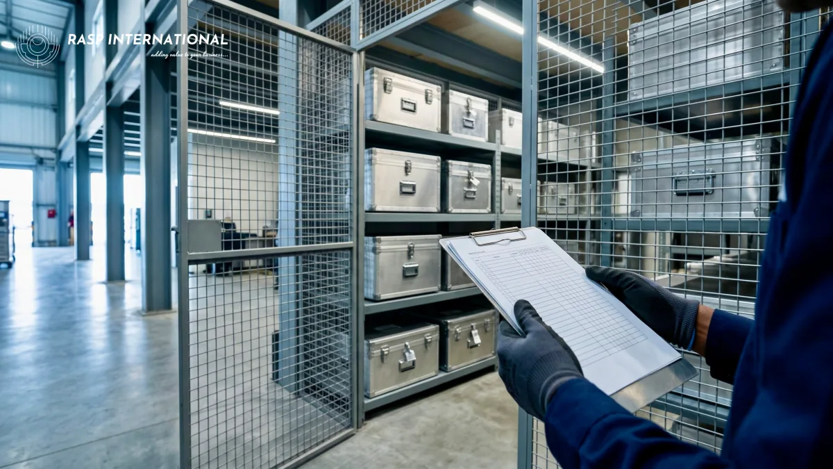 Sealed cargo cases in a secure valuables room at an Indian air cargo terminal for silver imports