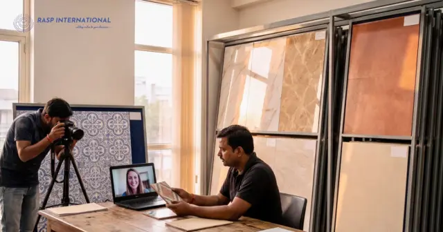 Tile exporter showing a sample to a foreign buyer on a video call while products are photographed for a listing