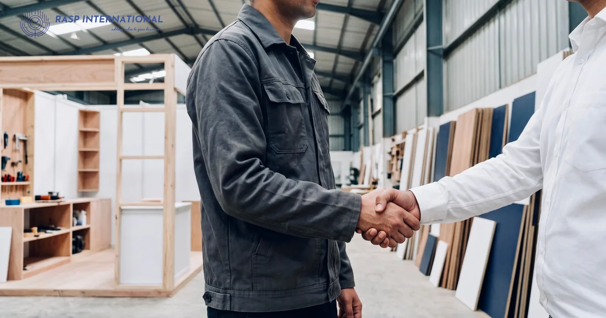 Stall builder and exporter shaking hands in a stall fabrication workshop