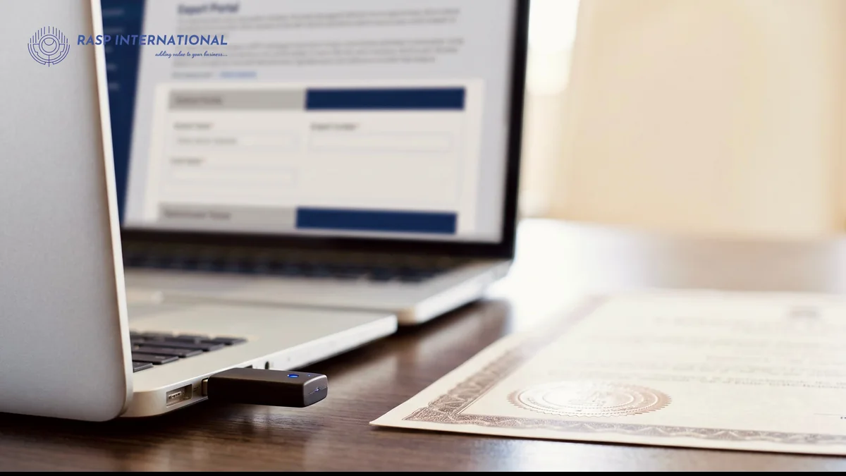 Digital signature token plugged into a laptop showing the Trade Connect export portal beside a printed certificate