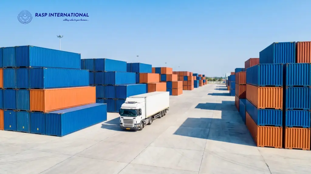 Heavy commercial container truck moving through an Inland Container Depot freight yard