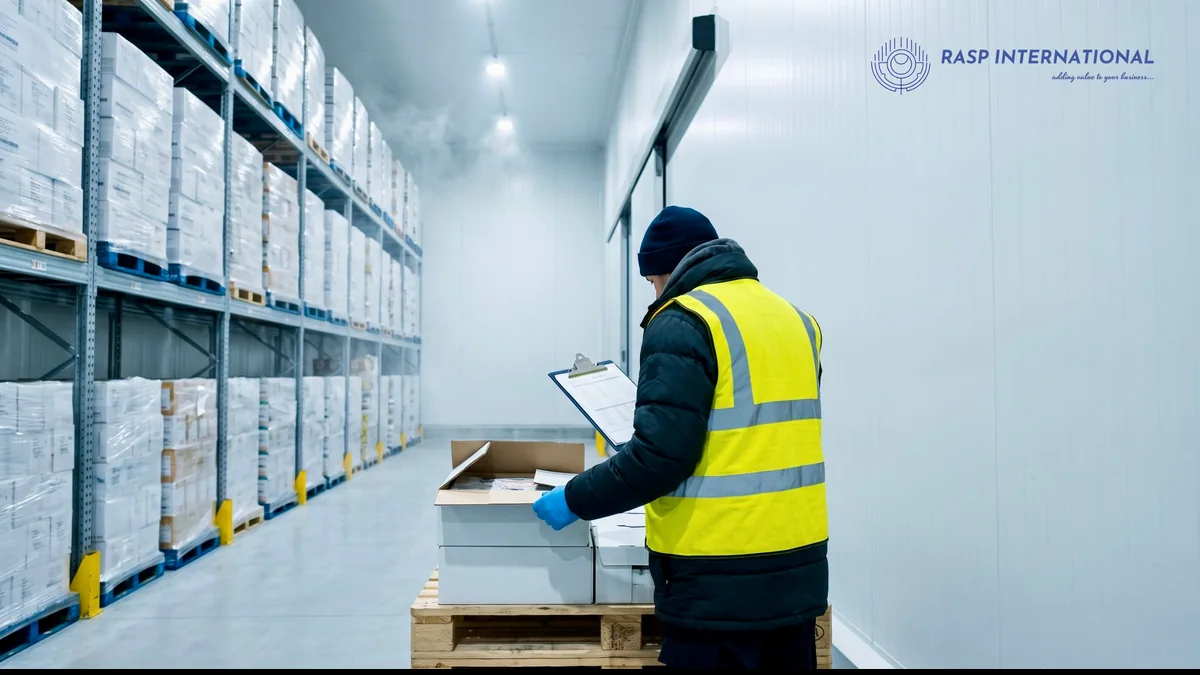 Inspector in a cold store checking a chilled food carton against a clipboard at a UK border post