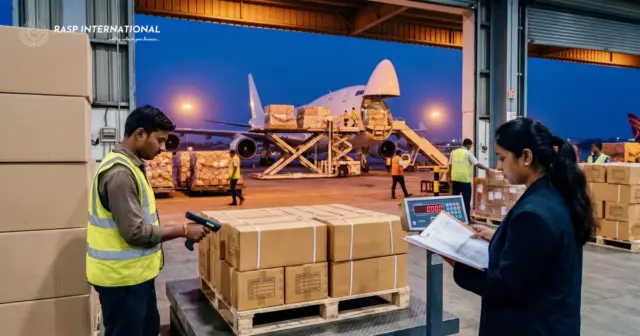 Cargo handler scanning export cartons on a scale at an air cargo terminal as a plane is loaded behind
