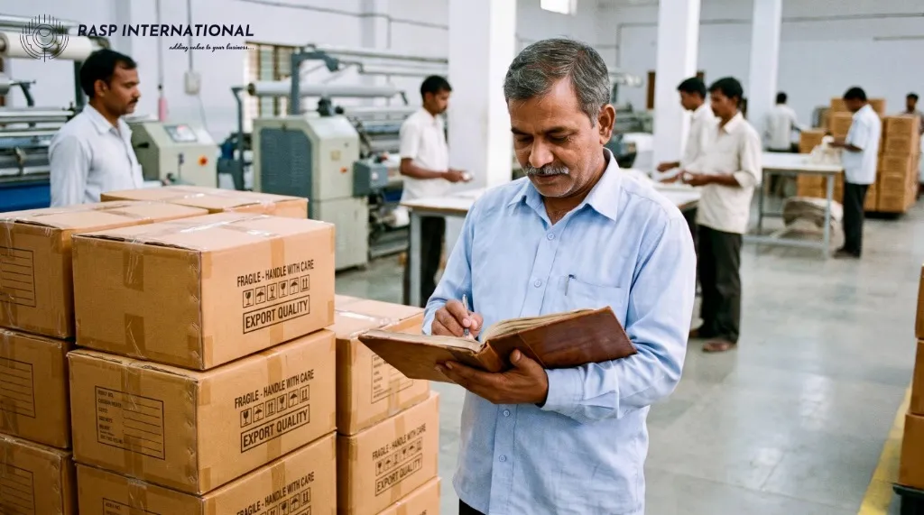 Indian exporter checking a ledger beside cartons marked export quality in a factory