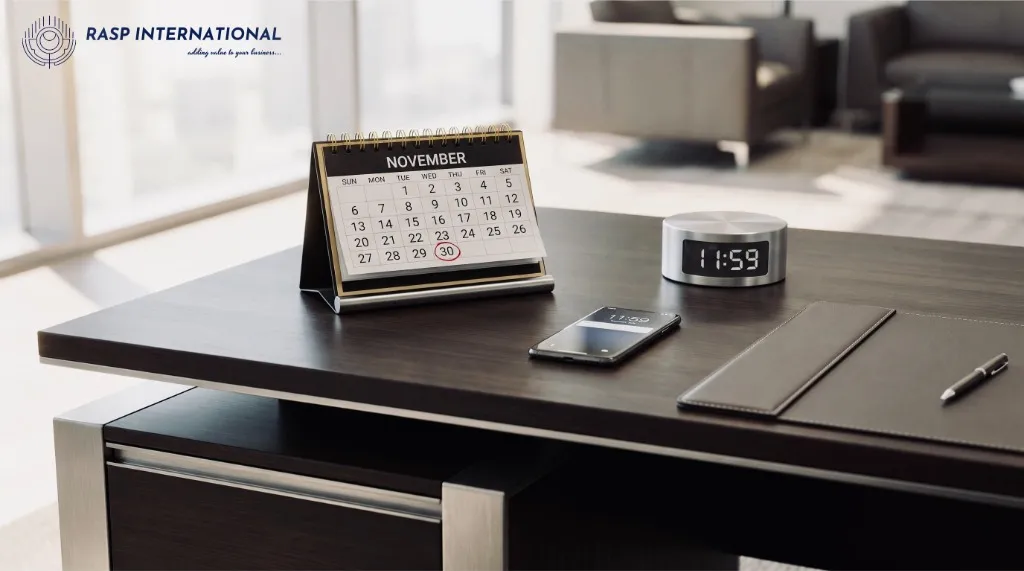 Desk calendar showing November with the 30th circled
