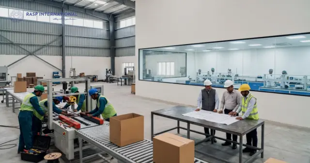 Owners studying a floor plan in a new export packaging centre with a testing laboratory behind glass