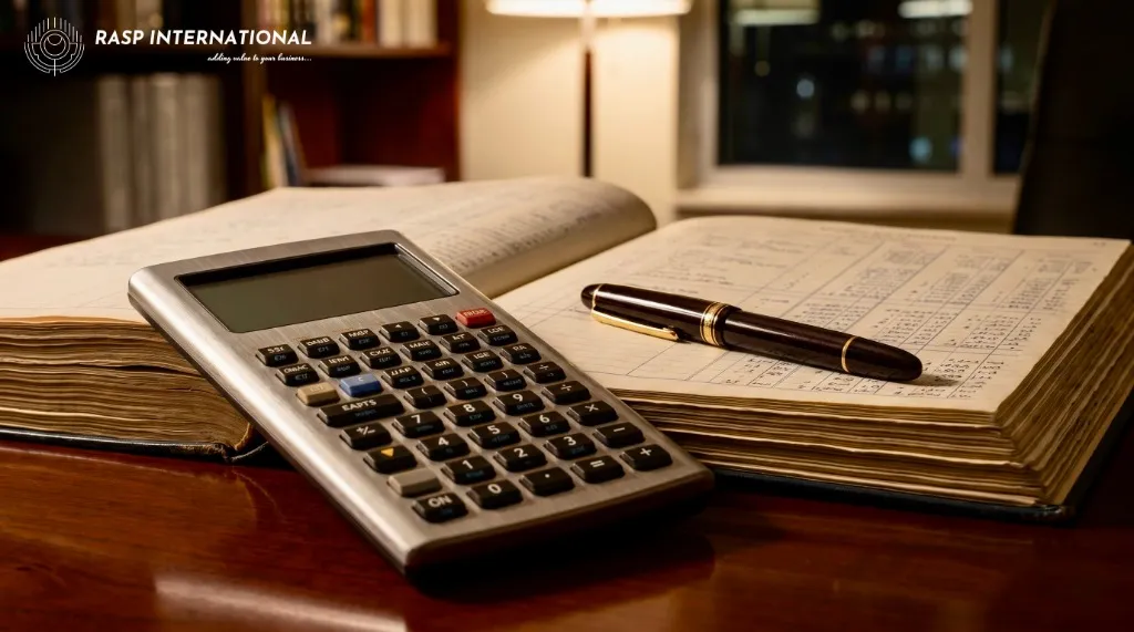 Calculator, fountain pen and open ledgers on a desk