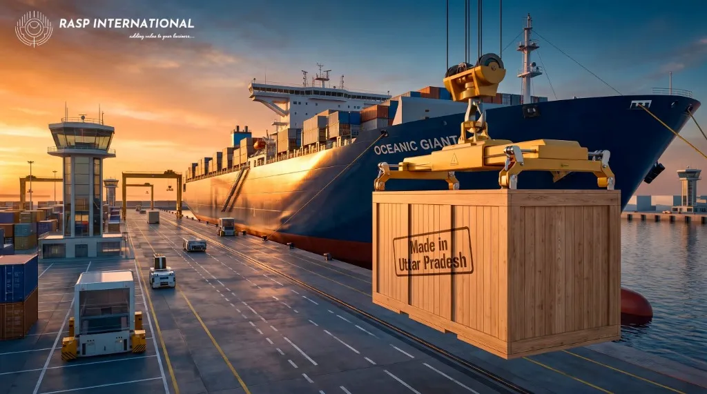 Container ship at a port with a wooden crate marked Made in Uttar Pradesh