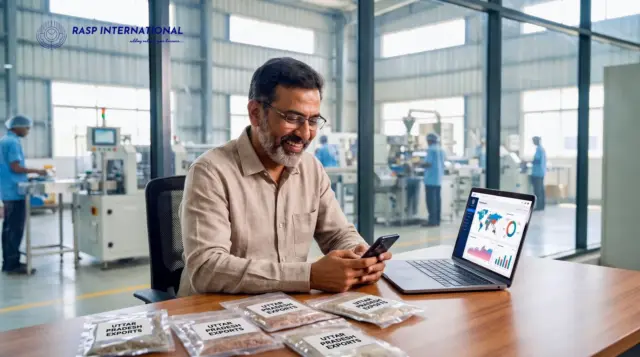 Uttar Pradesh exporter checking export growth figures on his phone beside sealed product samples