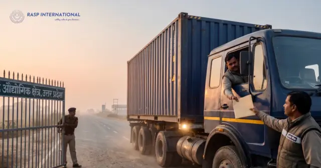 Manager handing papers to a container truck driver at a UP industrial area gate before the trip to the port