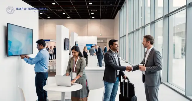 Service exporter team setting up a fair stand with a screen and laptop as a colleague arrives with a suitcase