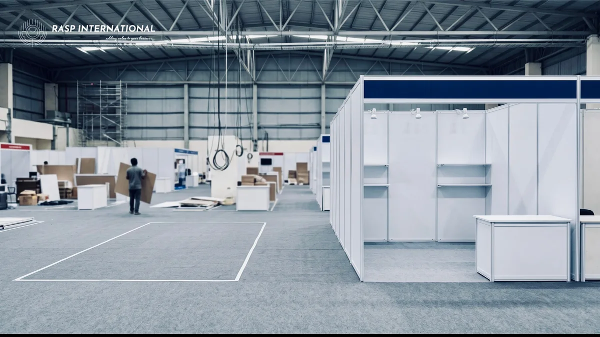 Empty exhibition hall with white stall shells being set up before a trade show