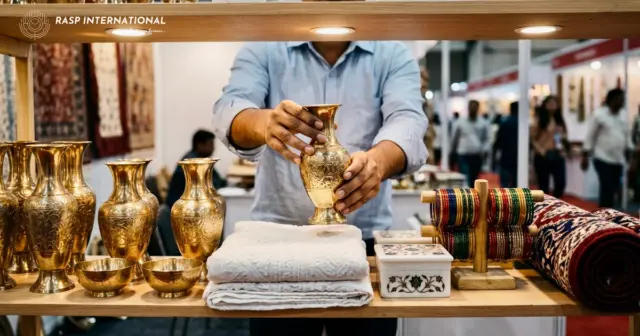 Exhibitor arranging brass vases, bangles and textiles on a stall shelf at the UP International Trade Show