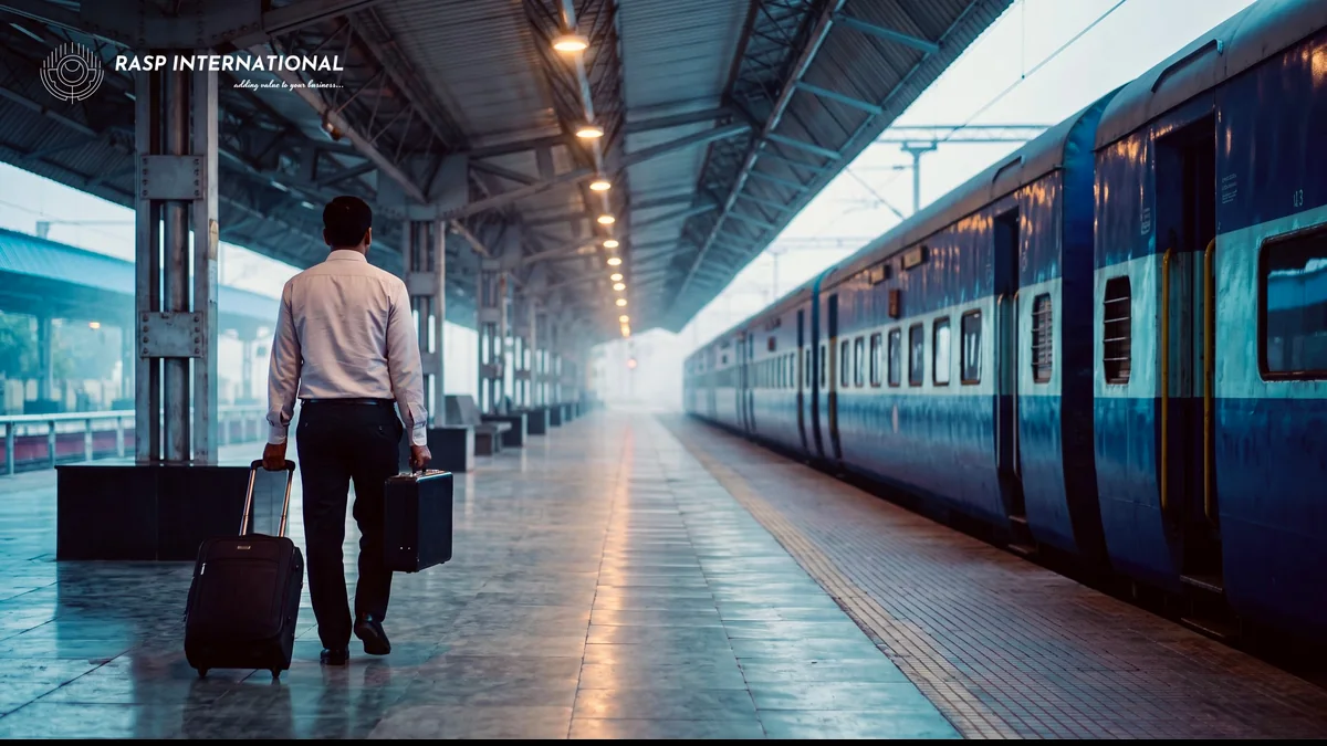 Exporter with a suitcase and briefcase walking on a railway platform beside a train