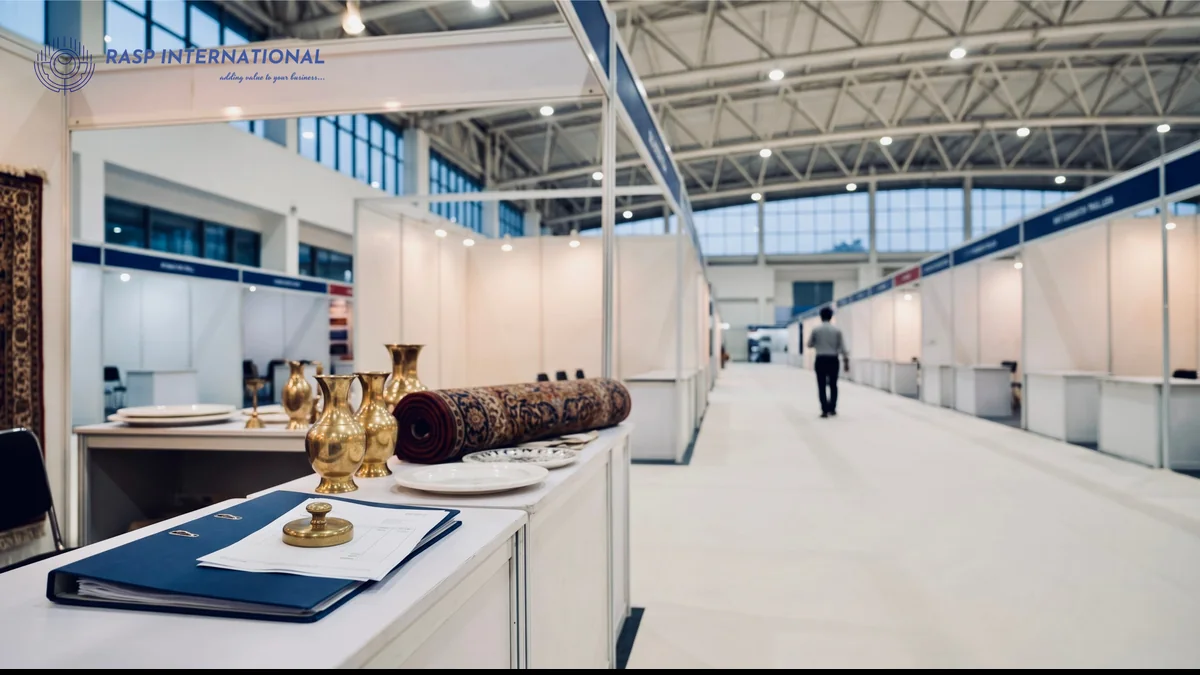 Trade show hall with exhibitor stalls, brassware and a rolled carpet on a display table