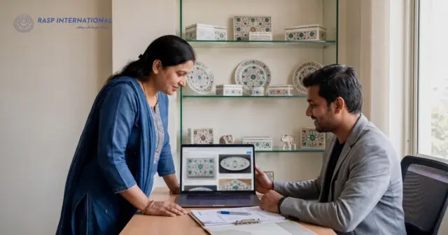 Web designer showing an exporter her new product website on a laptop before handing over the site and the invoice