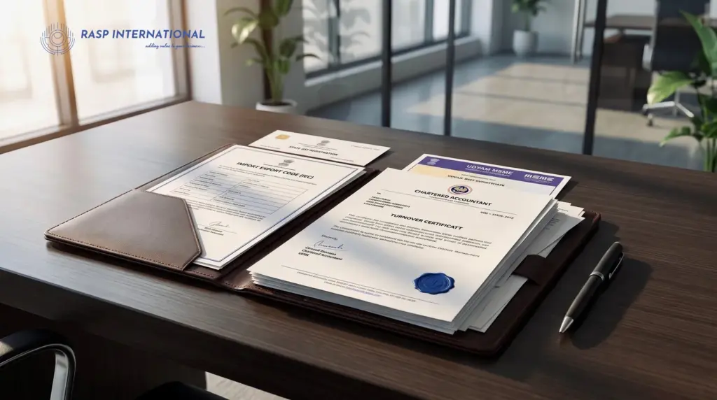 IEC, Udyam, GST and CA certificate papers in a folder for UP export registration