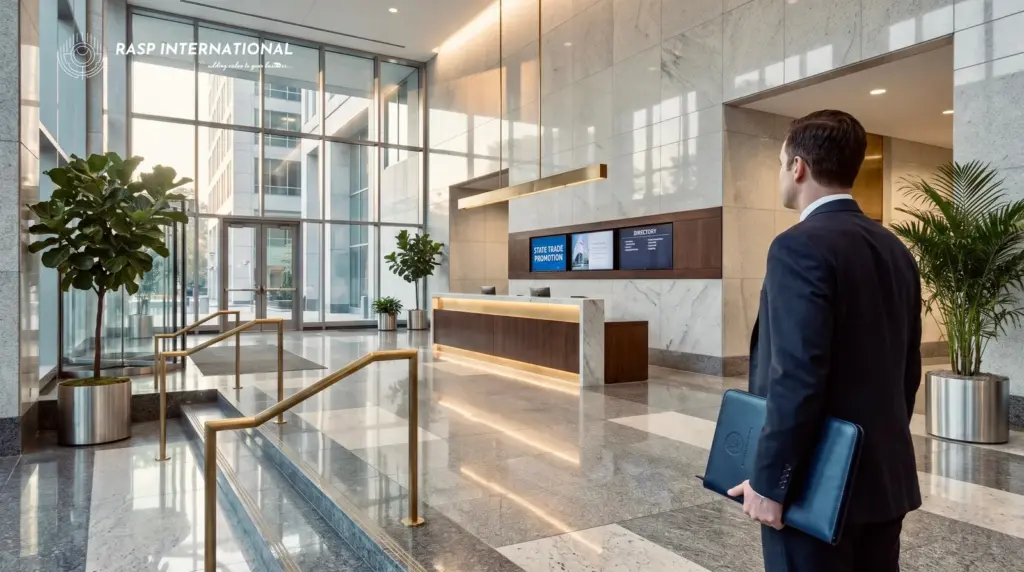 Exporter carrying a registration folder in a state trade office lobby