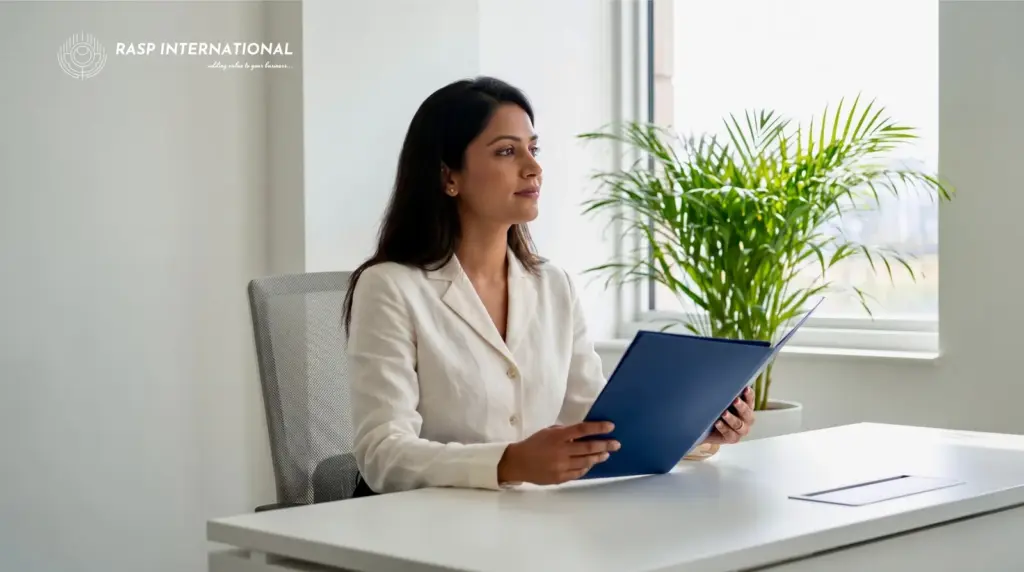 Professional woman holding an export compliance folder at an office desk