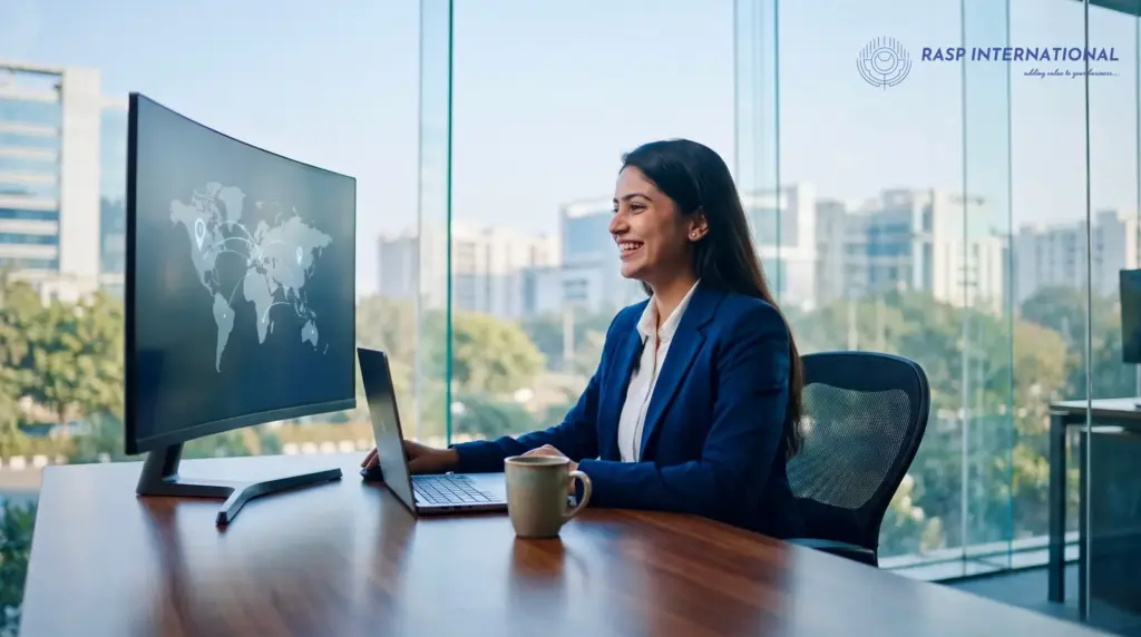 Uttar Pradesh exporter working at a desk with a world map on screen while selling to overseas buyers